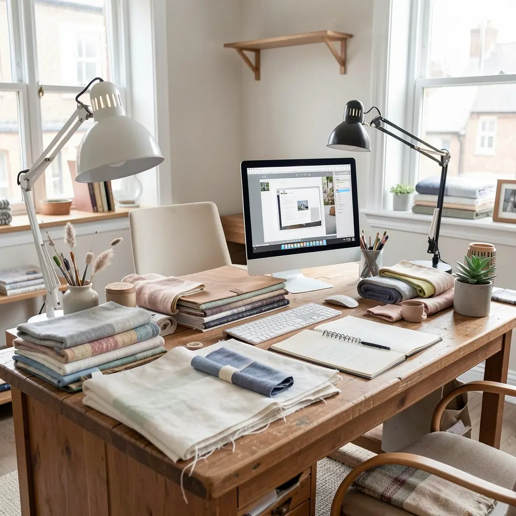 Professional content creation workspace with textile styling elements